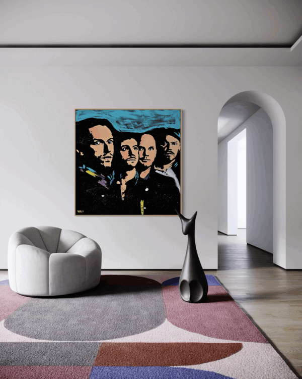 Henrix original artwork featuring Coldplay band members, painted in tones of blue, black, and peach.